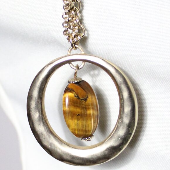 Tiger's Eye Pendant 32" Double Chain Vintage Necklace, Light Gold Tone - Picture 2 of 8